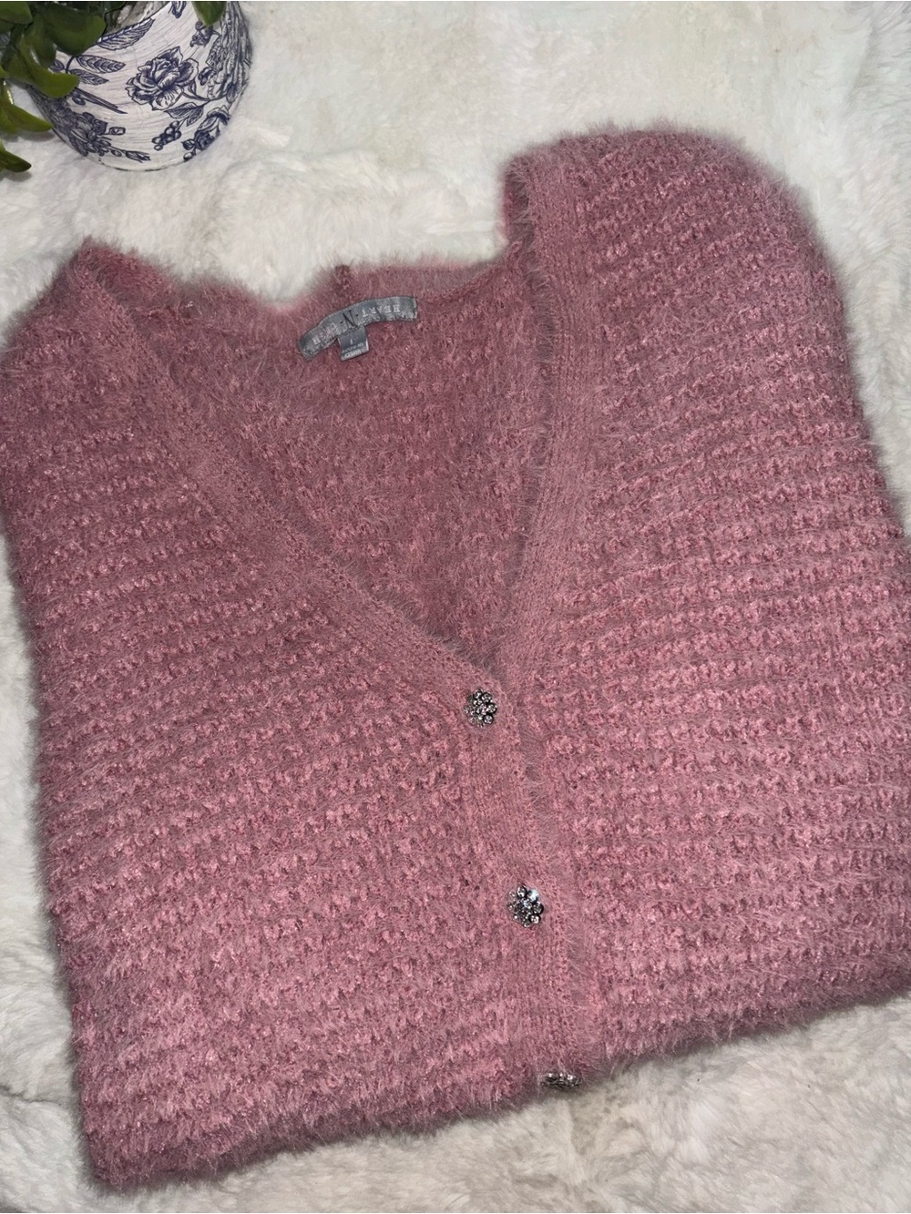 HEART N CRUSH Soft Pink Fuzzy Knit Cardigan with Crystal Buttons Sweater large